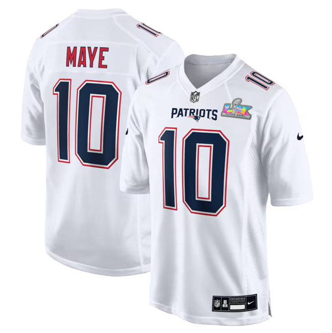 Personalized Men’s New England Patriots #10 Drake Maye White 2025 Super Bowl LX Patch Tundra Fashion Stitched Game Jersey