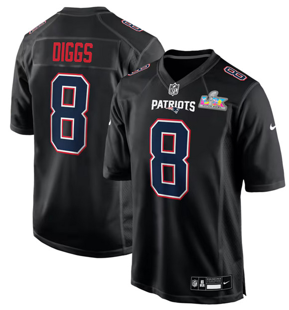 Personalized Men’s New England Patriots #8 Stefon Diggs Black 2025 Super Bowl LX Patch Carbon Fashion Stitched Game Jersey