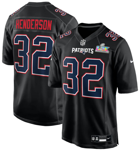 Personalized Men’s New England Patriots #32 TreVeyon Henderson Black 2025 Super Bowl LX Patch Carbon Fashion Stitched Game Jersey