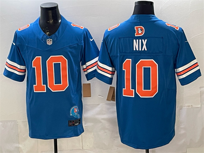 Personalized Men’s Denver Broncos #10 Bo Nix Blue F.U.S.E. With Patch Throwback Limited Stitched Football Jersey