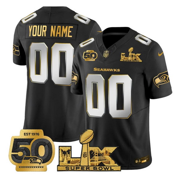 Personalized Men’s Seattle Seahawks Active Player Black 2025 F.U.S.E. Super Bowl LX Patch And 50th Season Patch Limited Stitched Football Jersey
