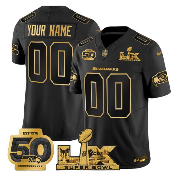 Personalized Men’s Seattle Seahawks Active Player Black Gold 2025 F.U.S.E. Super Bowl LX Patch And 50th Season Patch Limited Stitched Football Jersey