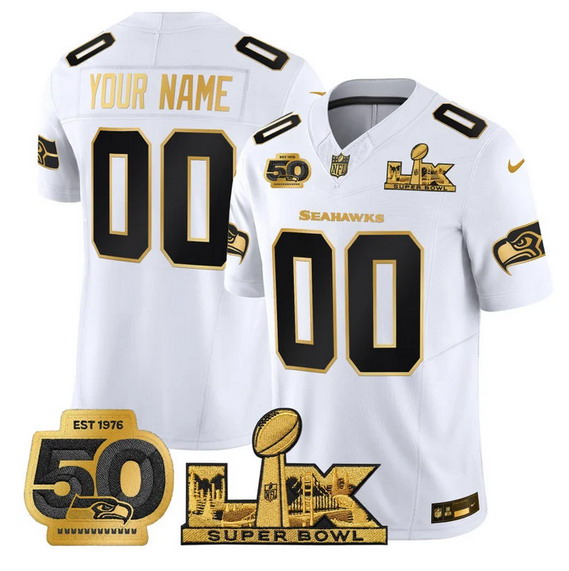 Personalized Men’s Seattle Seahawks Active Player White Gold 2025 F.U.S.E. Super Bowl LX Patch And 50th Season Patch Limited Stitched Football Jersey