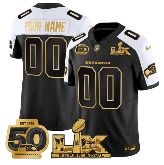 Personalized Men’s Seattle Seahawks Active Player Black Alternate 2025 F.U.S.E. Super Bowl LX Patch And 50th Season Patch Limited Stitched Football Jersey