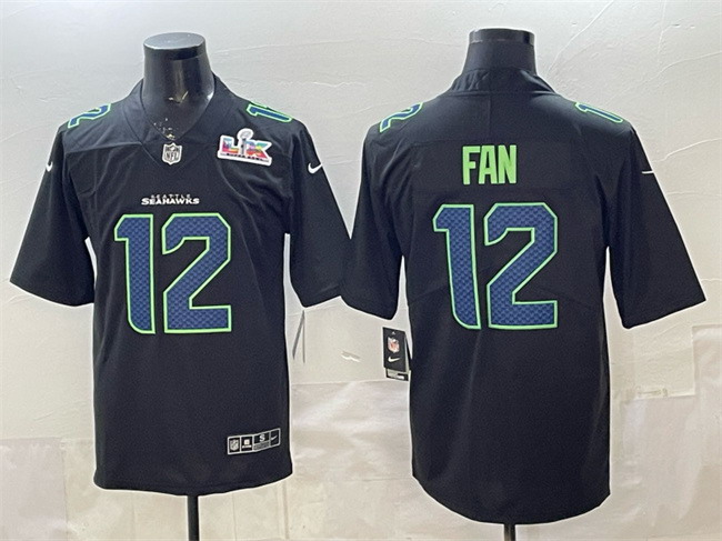 Personalized Men’s Seattle Seahawks #12 Fan Black 2025 Super Bowl LX Patch Carbon Fashion Untouchable Limited Stitched Football Jersey
