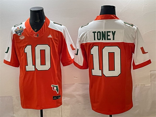 Personalized Men’s Miami Hurricanes #10 Malachi Toney Orange Alternate F.U.S.E. Fiesta Bowl Champions & Florida Patch Stitched Football Jersey