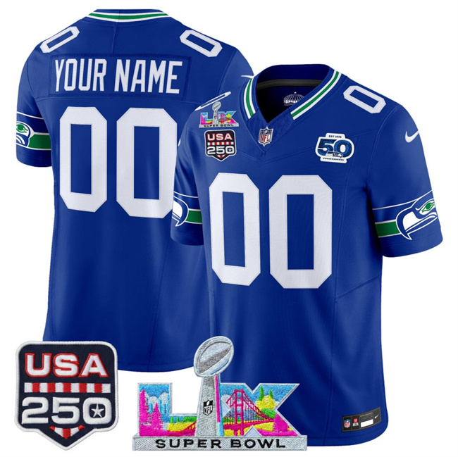 Personalized Youth Seattle Seahawks Active Player Royal 2025 F.U.S.E. Super Bowl LX & US 250th anniversary Patch And 50th Season Patch Throwback Limited Stitched Football Jersey