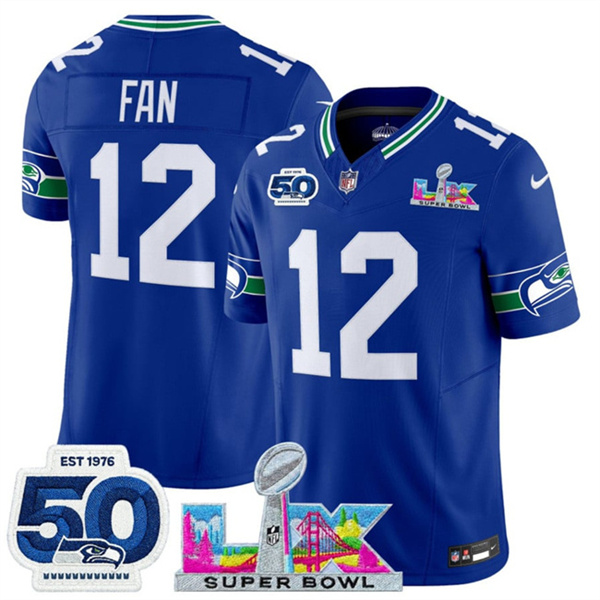 Personalized Youth Seattle Seahawks #12 Fan Royal 2025 F.U.S.E. Super Bowl LX Patch And 50th Season Patch Throwback Limited Stitched Football Jersey