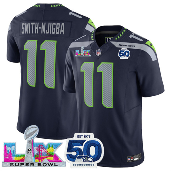 Personalized Youth Seattle Seahawks #11 Jaxon Smith-Njigba Navy 2025 F.U.S.E. Super Bowl LX Patch And 50th Season Patch Limited Stitched Football Jersey