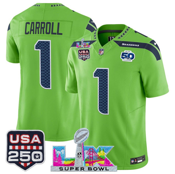 Personalized Youth Seattle Seahawks #1 Pete Carroll Green 2025 F.U.S.E. Super Bowl LX Patch And 50th Season & USA 250′ Patch Limited Stitched Football Jersey
