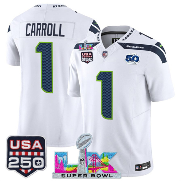 Personalized Youth Seattle Seahawks #1 Pete Carroll White 2025 F.U.S.E. Super Bowl LX Patch And 50th Season & USA 250′ Patch Limited Stitched Football Jersey