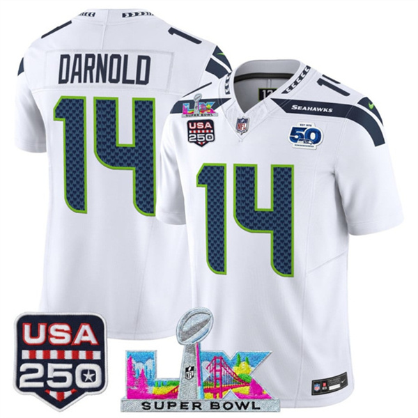 Personalized Youth Seattle Seahawks #14 Sam Darnold White 2025 F.U.S.E. Super Bowl LX Patch And 50th Season & USA 250′ Patch Limited Stitched Football Jersey