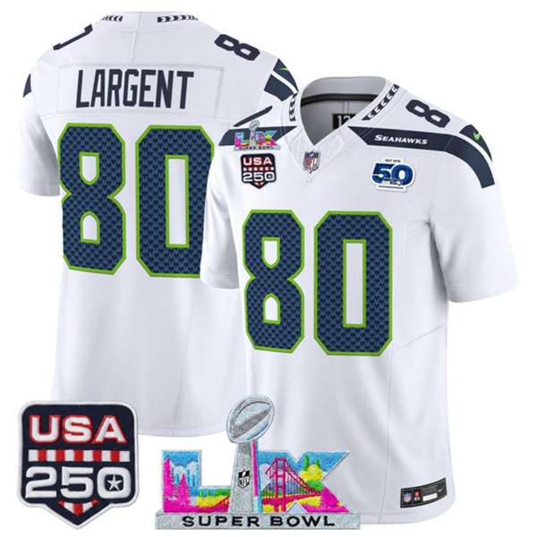 Personalized Youth Seattle Seahawks #80 Steve Largent White 2025 F.U.S.E. Super Bowl LX Patch And 50th Season & USA 250′ Patch Limited Stitched Football Jersey