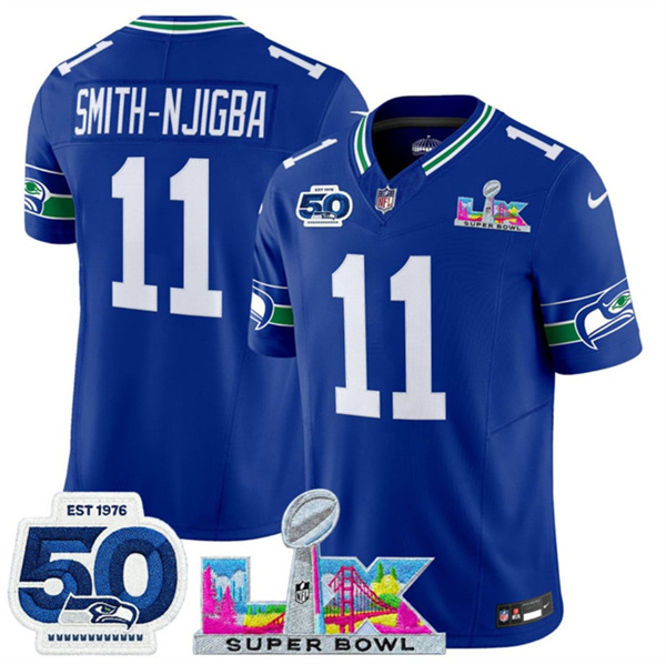 Personalized Youth Seattle Seahawks #11 Jaxon Smith-Njigba Royal 2025 F.U.S.E. Super Bowl LX Patch And 50th Season Patch Throwback Limited Stitched Football Jersey