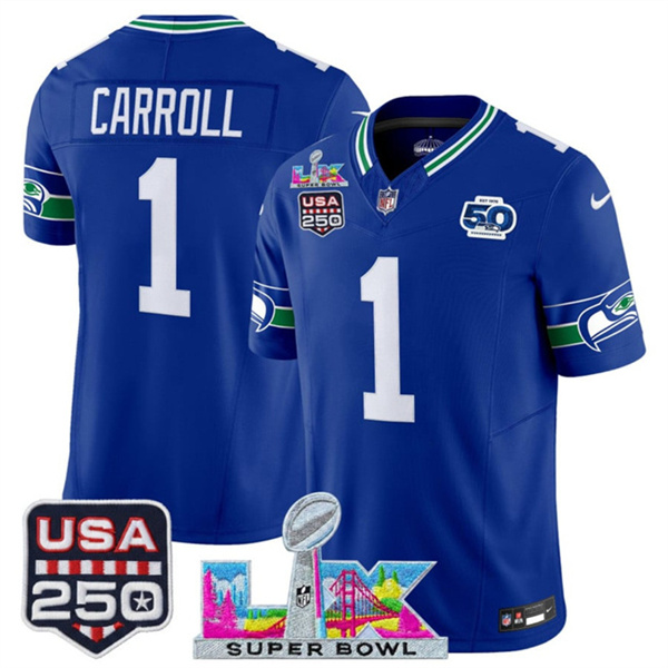 Personalized Youth Seattle Seahawks #1 Pete Carroll Royal 2025 F.U.S.E. Super Bowl LX Patch And 50th Season & USA 250′ Patch Throwback Limited Stitched Football Jersey