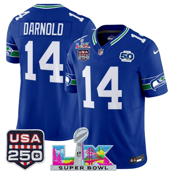 Personalized Youth Seattle Seahawks #14 Sam Darnold Royal 2025 F.U.S.E. Super Bowl LX Patch And 50th Season & USA 250′ Patch Throwback Limited Stitched Football Jersey