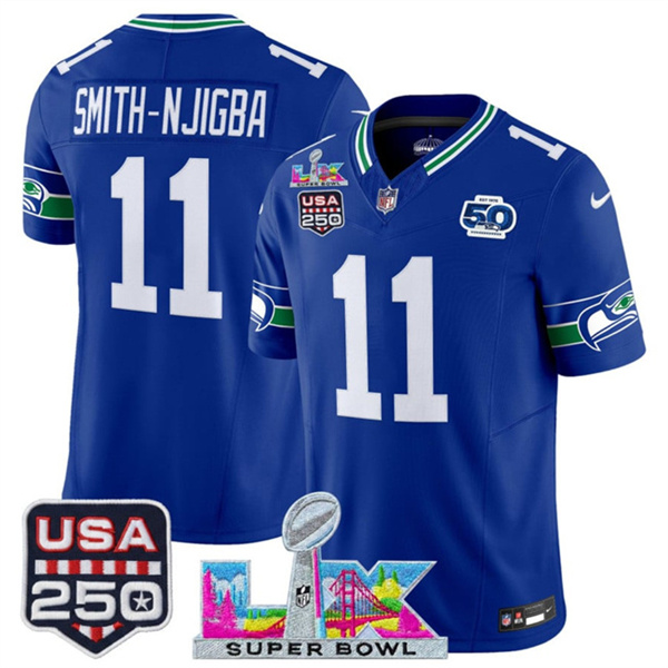 Personalized Youth Seattle Seahawks #11 Jaxon Smith-Njigba Royal 2025 F.U.S.E. Super Bowl LX Patch And 50th Season & USA 250′ Patch Throwback Limited Stitched Football Jersey