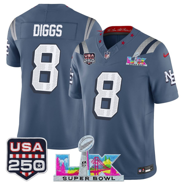 Personalized Youth New England Patriots #8 Stefon Diggs Storm Blue 2025 F.U.S.E. Super Bowl LX & USA 250′ Patch Rivalries Limited Stitched Football Jersey