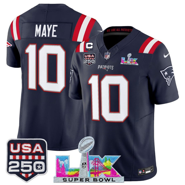 Personalized Youth New England Patriots #10 Drake Maye Navy 2025 F.U.S.E. 1-Star C Patch And Super Bowl LX Patch & USA 250′ Patch Limited Stitched Football Jersey