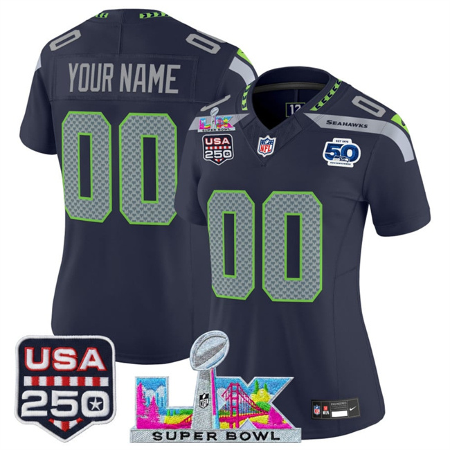 Personalized Women’s Seattle Seahawks Active Player Navy 2025 F.U.S.E. Super Bowl LX Patch And 50th Season & USA 250′ Patch Limited Football Stitched Jersey(Run Small)