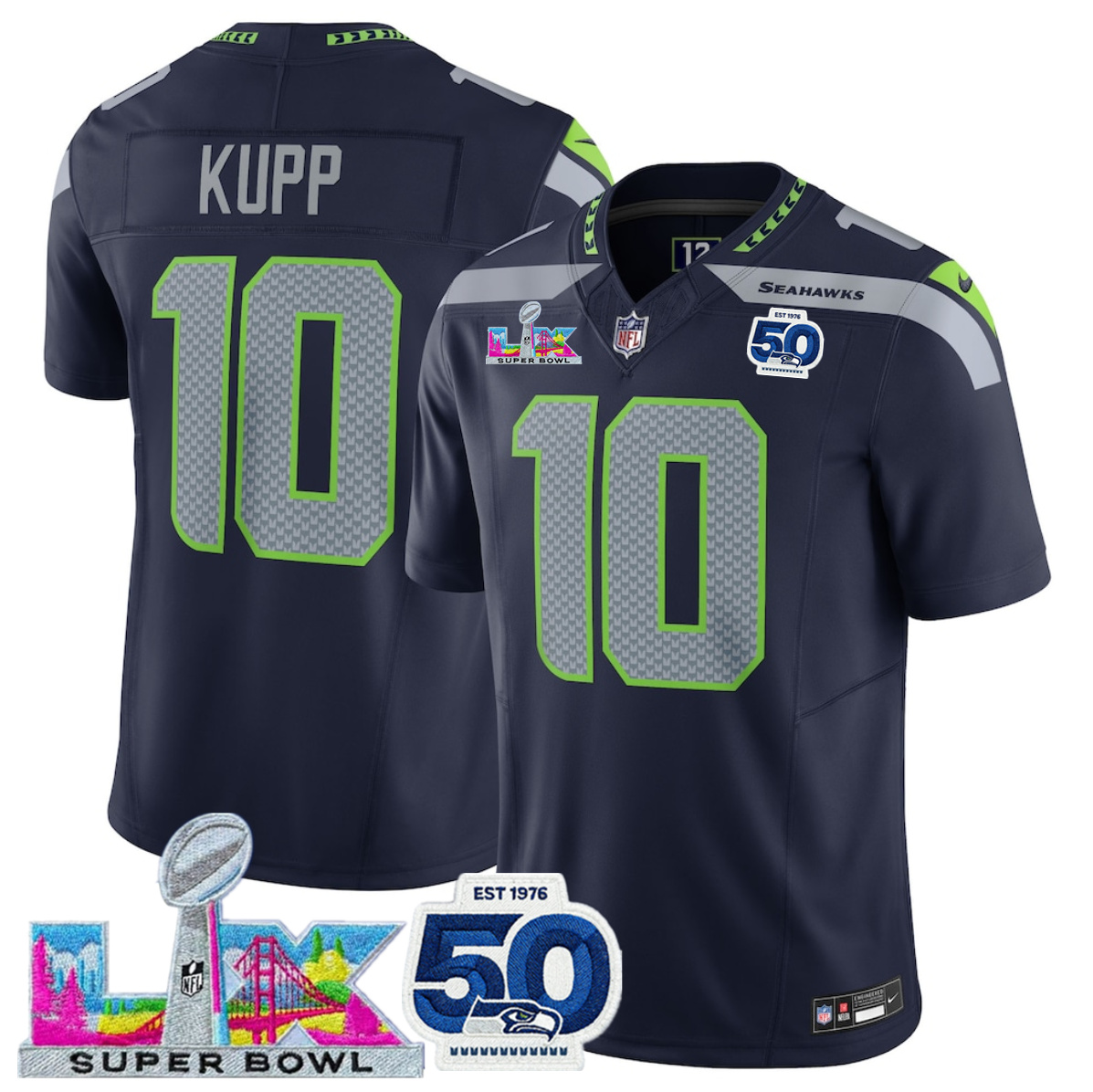 Personalized Women’s Seattle Seahawks #10 Cooper Kupp Navy 2025 F.U.S.E. Super Bowl LX Patch And 50th Season Patch Limited Stitched Football Jersey(Run Small)