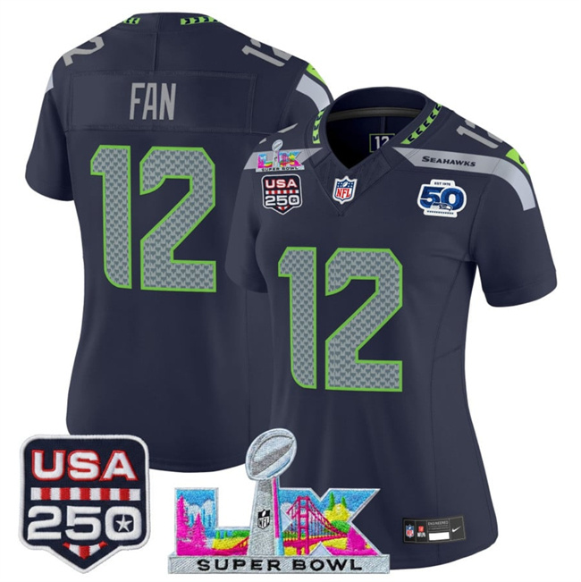 Personalized Women’s Seattle Seahawks #12 Fan Navy 2025 F.U.S.E. Super Bowl LX Patch And 50th Season & USA 250′ Patch Limited Football Stitched Jersey(Run Small)