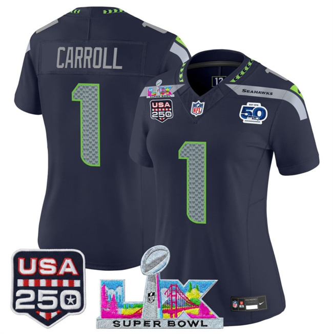 Personalized Women’s Seattle Seahawks #1 Pete Carroll Navy 2025 F.U.S.E. Super Bowl LX Patch And 50th Season & USA 250′ Patch Limited Football Stitched Jersey(Run Small)