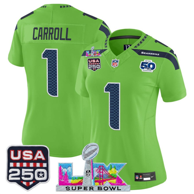Personalized Women’s Seattle Seahawks #1 Pete Carroll Green 2025 F.U.S.E. Super Bowl LX Patch And 50th Season & USA 250′ Patch Limited Football Stitched Jersey(Run Small)