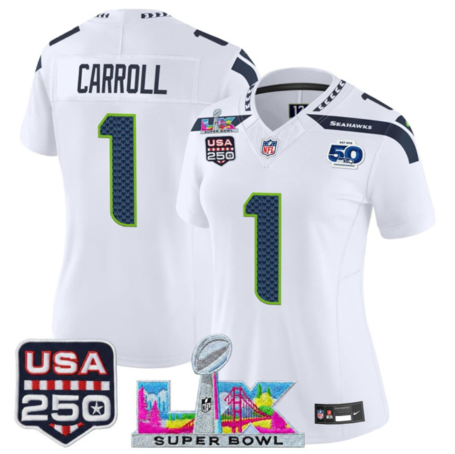 Personalized Women’s Seattle Seahawks #1 Pete Carroll White 2025 F.U.S.E. Super Bowl LX Patch And 50th Season & USA 250′ Patch Limited Football Stitched Jersey(Run Small)