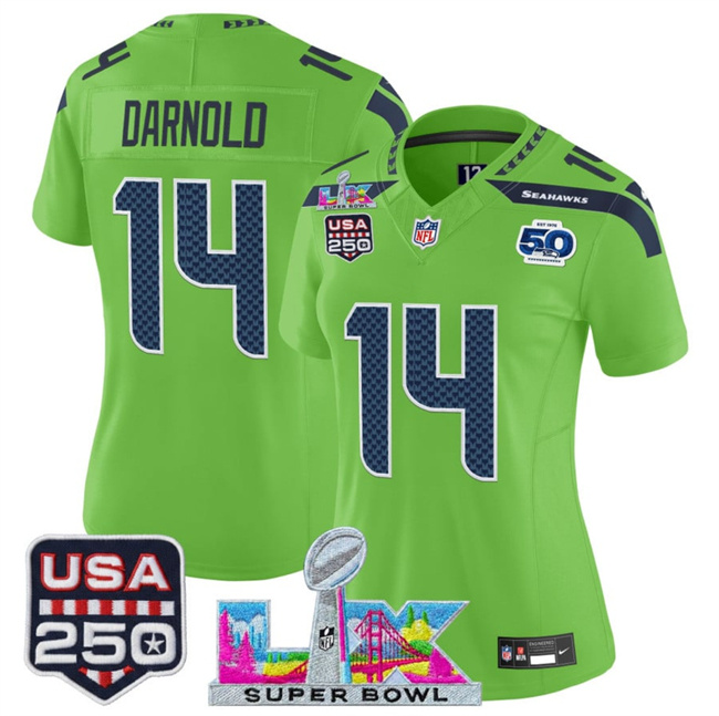 Personalized Women’s Seattle Seahawks #14 Sam Darnold Green 2025 F.U.S.E. Super Bowl LX Patch And 50th Season & USA 250′ Patch Limited Football Stitched Jersey(Run Small)