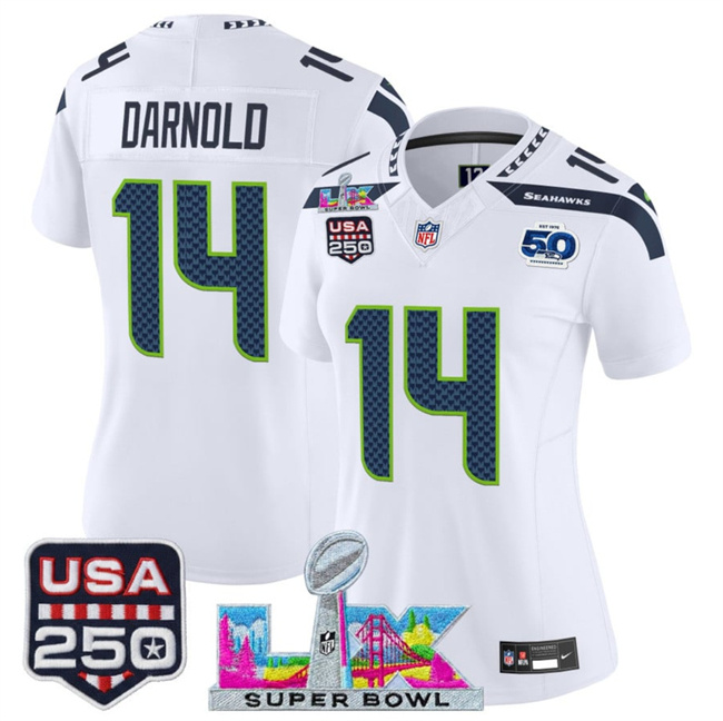 Personalized Women’s Seattle Seahawks #14 Sam Darnold White 2025 F.U.S.E. Super Bowl LX Patch And 50th Season & USA 250′ Patch Limited Football Stitched Jersey(Run Small)
