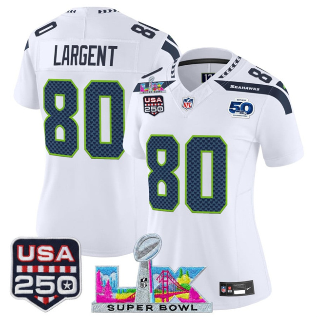 Personalized Women’s Seattle Seahawks #80 Steve Largent White 2025 F.U.S.E. Super Bowl LX Patch And 50th Season & USA 250′ Patch Limited Football Stitched Jersey(Run Small)