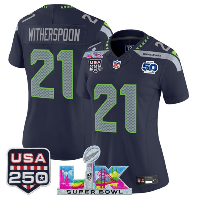 Personalized Women’s Seattle Seahawks #21 Devon Witherspoon Navy 2025 F.U.S.E. Super Bowl LX Patch And 50th Season & USA 250′ Patch Limited Football Stitched Jersey(Run Small)