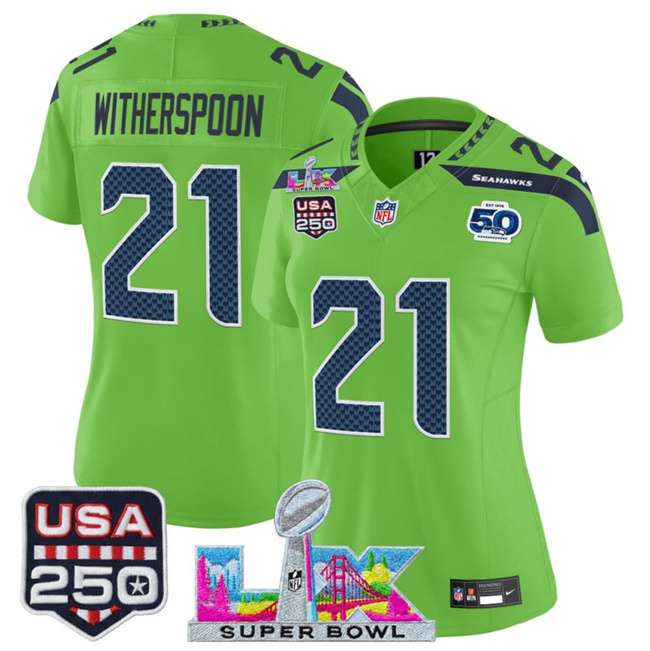 Personalized Women’s Seattle Seahawks #21 Devon Witherspoon Green 2025 F.U.S.E. Super Bowl LX Patch And 50th Season & USA 250′ Patch Limited Football Stitched Jersey(Run Small)