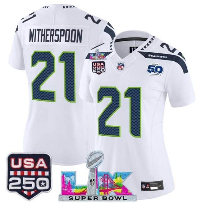 Personalized Women’s Seattle Seahawks #21 Devon Witherspoon White 2025 F.U.S.E. Super Bowl LX Patch And 50th Season & USA 250′ Patch Limited Football Stitched Jersey(Run Small)