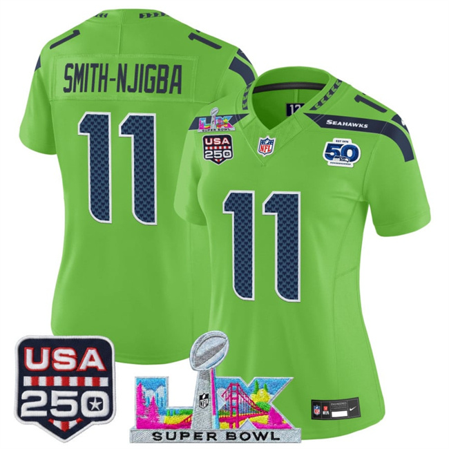 Personalized Women’s Seattle Seahawks #11 Jaxon Smith-Njigba Green 2025 F.U.S.E. Super Bowl LX Patch And 50th Season & USA 250′ Patch Limited Football Stitched Jersey(Run Small)