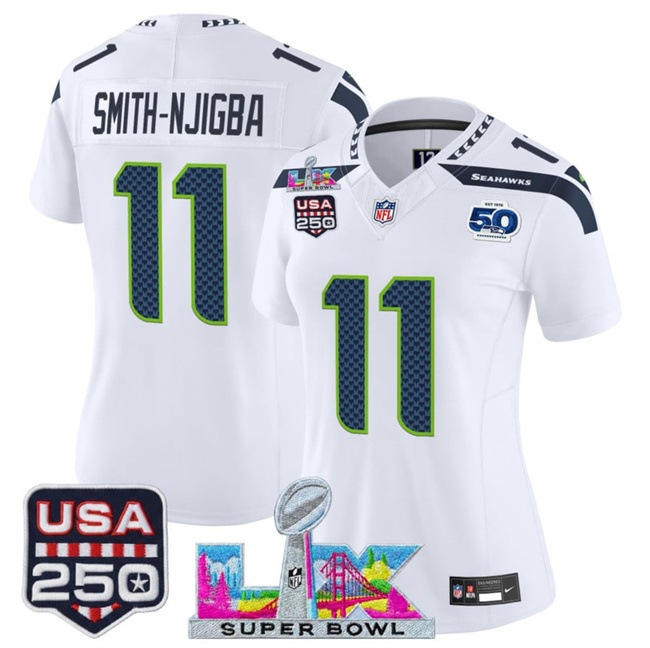 Personalized Women’s Seattle Seahawks #11 Jaxon Smith-Njigba White 2025 F.U.S.E. Super Bowl LX Patch And 50th Season & USA 250′ Patch Limited Football Stitched Jersey(Run Small)