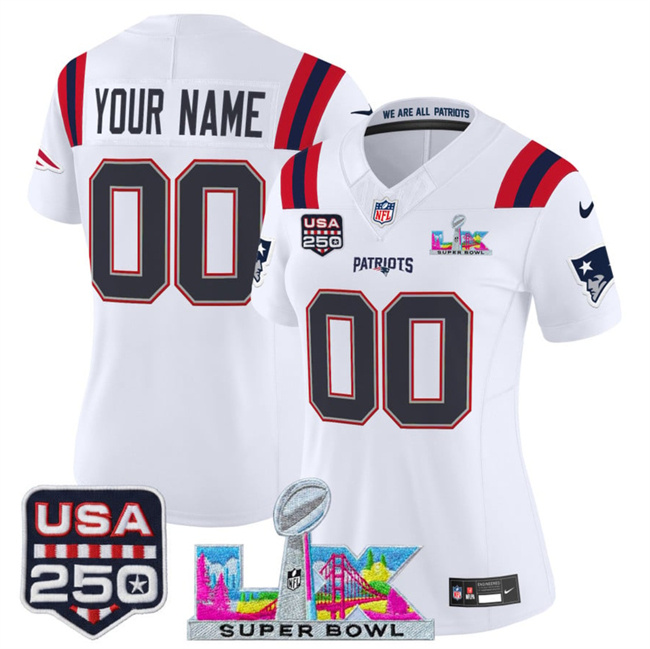 Personalized Women’s New England Patriots Active Player White 2025 F.U.S.E. Super Bowl LX Patch And USA 250′ Patch Limited Football Stitched Jersey(Run Small)
