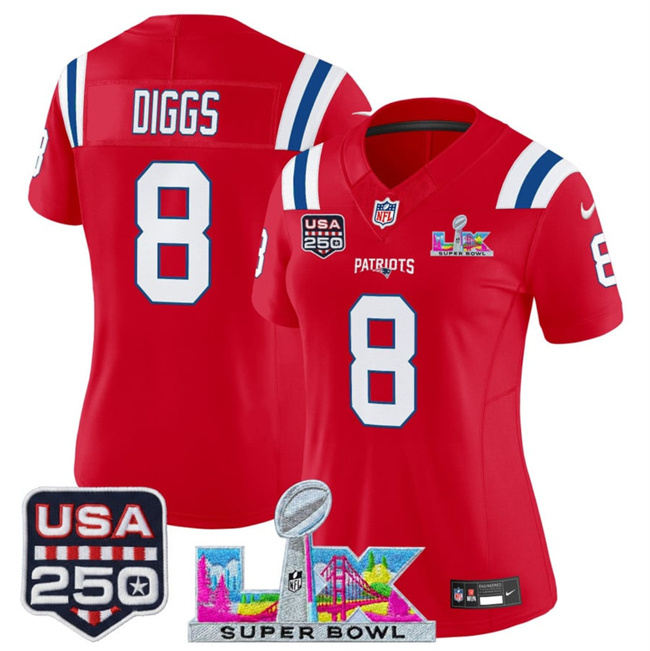 Personalized Women’s New England Patriots #8 Stefon Diggs Red 2025 F.U.S.E. Super Bowl LX Patch And USA 250′ Patch Limited Football Stitched Jersey(Run Small)