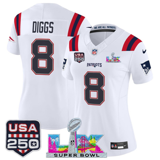 Personalized Women’s New England Patriots #8 Stefon Diggs White 2025 F.U.S.E. Super Bowl LX Patch And USA 250′ Patch Limited Football Stitched Jersey(Run Small)