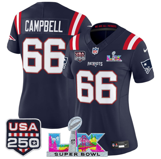 Personalized Women’s New England Patriots #66 Will Campbell Navy 2025 F.U.S.E. Super Bowl LX Patch And USA 250′ Patch Limited Football Stitched Jersey(Run Small)