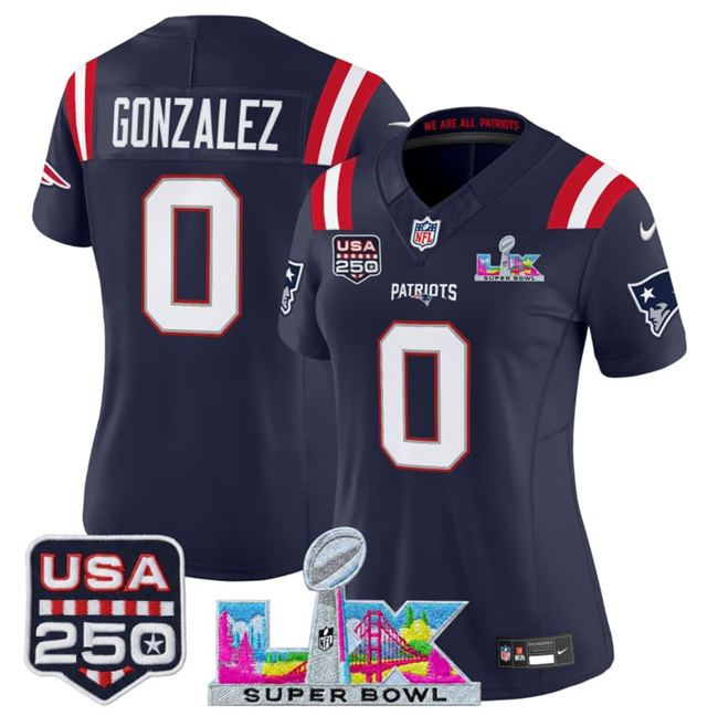 Personalized Women’s New England Patriots #0 Christian Gonzalez Navy 2025 F.U.S.E. Super Bowl LX Patch And USA 250′ Patch Limited Football Stitched Jersey(Run Small)