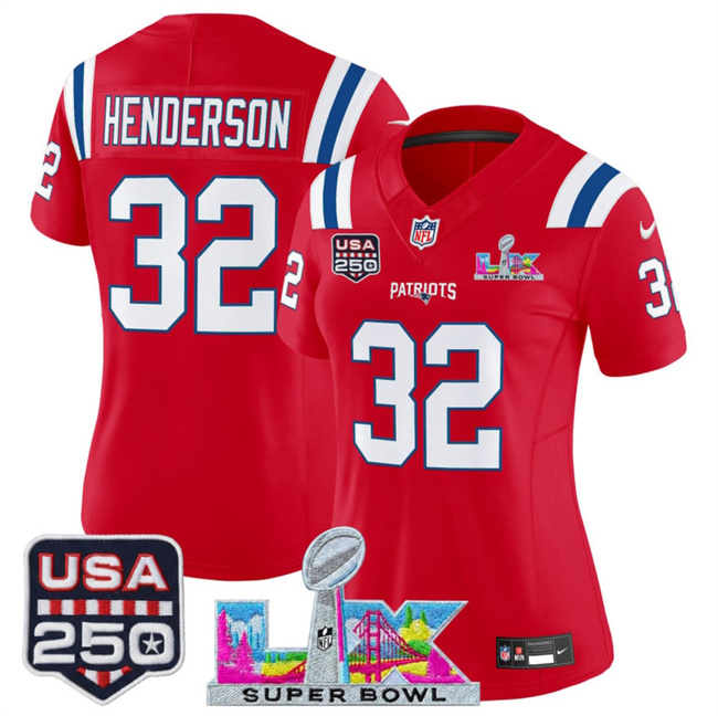 Personalized Women’s New England Patriots #32 TreVeyon Henderson Red 2025 F.U.S.E. Super Bowl LX Patch And USA 250′ Patch Limited Football Stitched Jersey(Run Small)