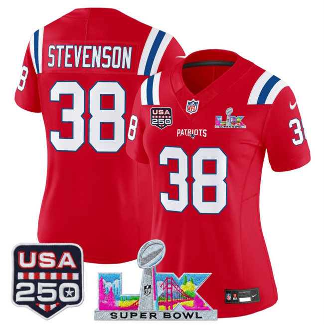 Personalized Women’s New England Patriots #38 Rhamondre Stevenson Red 2025 F.U.S.E. Super Bowl LX Patch And USA 250′ Patch Limited Football Stitched Jersey(Run Small)