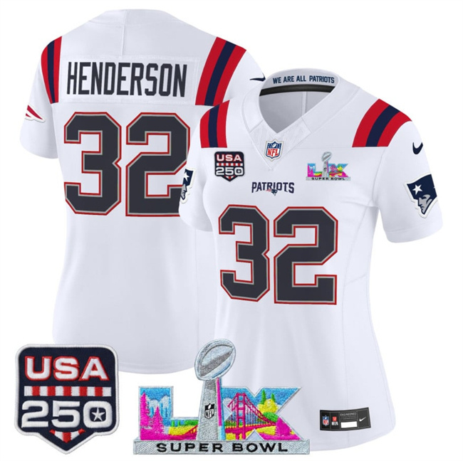 Personalized Women’s New England Patriots #32 TreVeyon Henderson White 2025 F.U.S.E. Super Bowl LX Patch And USA 250′ Patch Limited Football Stitched Jersey(Run Small)