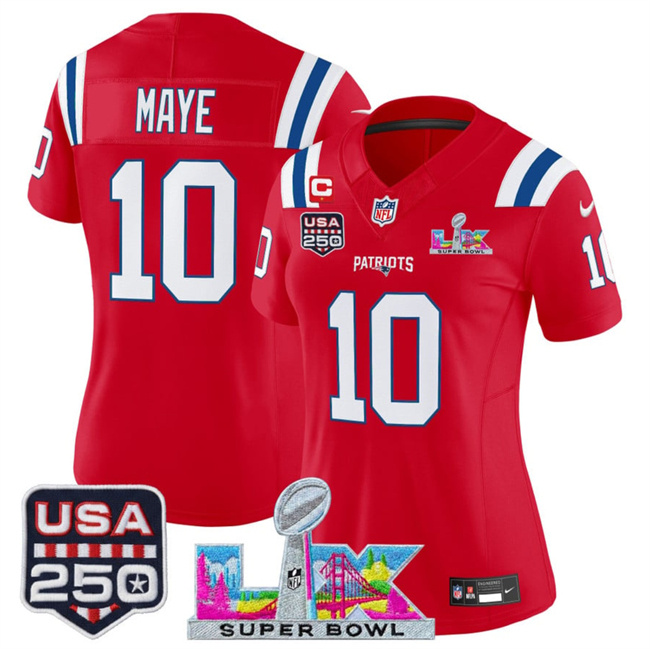 Personalized Women’s New England Patriots #10 Drake Maye Red 2025 F.U.S.E. 1-Star C Patch And Super Bowl LX Patch & USA 250′ Patch Limited Football Stitched Jersey(Run Small)