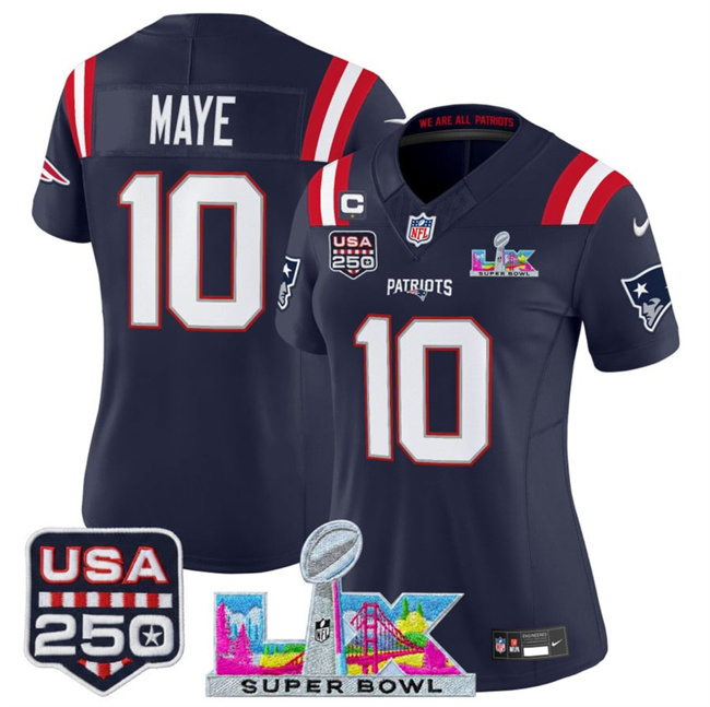 Personalized Women’s New England Patriots #10 Drake Maye Navy 2025 F.U.S.E. 1-Star C Patch And Super Bowl LX Patch & USA 250′ Patch Limited Football Stitched Jersey(Run Small)