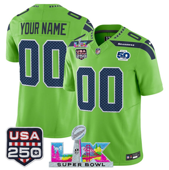 Personalized Men’s Seattle Seahawks Active Player Green 2025 F.U.S.E. Super Bowl LX & US 250th anniversary Patch And 50th Season Patch Limited Football Stitched Jersey