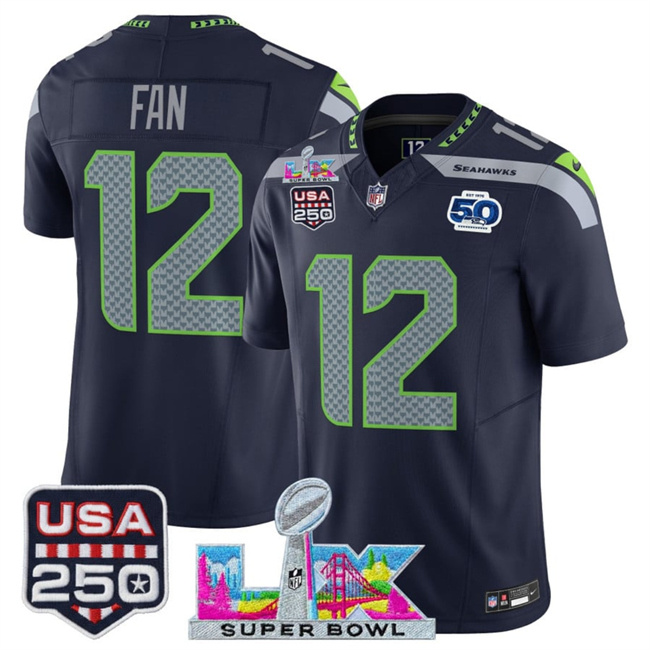 Personalized Men’s Seattle Seahawks #12 Fan Navy 2025 F.U.S.E. Super Bowl LX Patch And 50th Season Patch Limited Stitched Football Jersey
