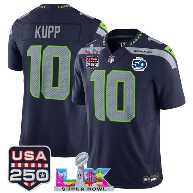 Personalized Men’s Seattle Seahawks #10 Cooper Kupp Navy 2025 F.U.S.E. Super Bowl LX Patch And 50th Season Patch Limited Stitched Football Jersey
